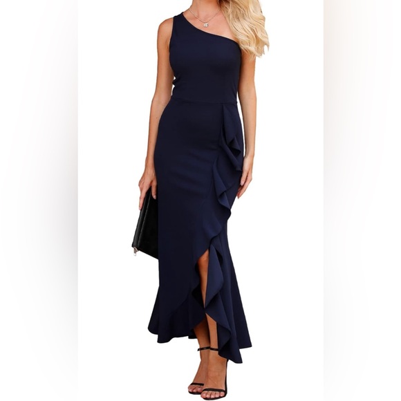 One Shoulder Dresses Sleeveless Cocktail Bodycon Mermaid Ruffle Side Split Dress - Picture 4 of 4